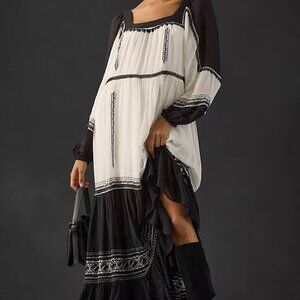 Anthropologie Long-Sleeve Embroidered Sheer Chiffon Black White Maxi Dress